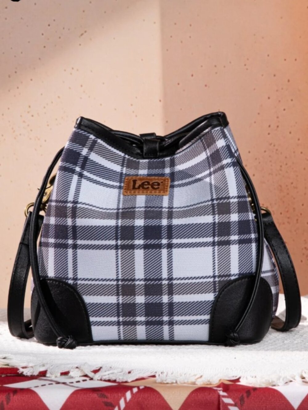 Lee Plaid Canvas Drawstring Bucket Bag/Crossbody